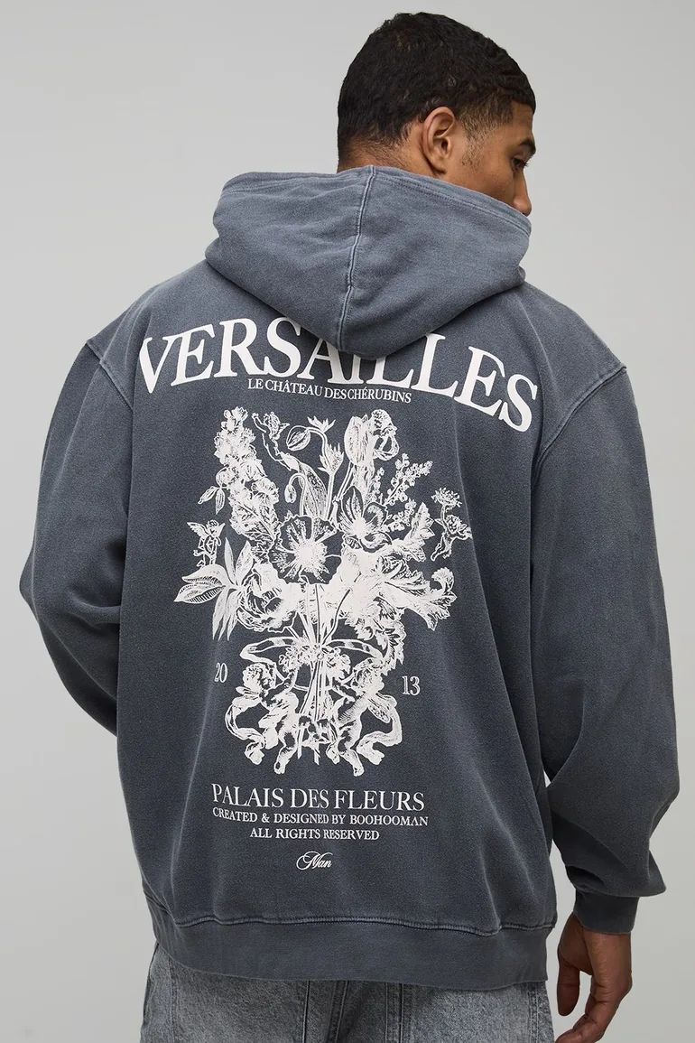 Washed Grey Oversized Versailles Printed Hoodie - grey - 1