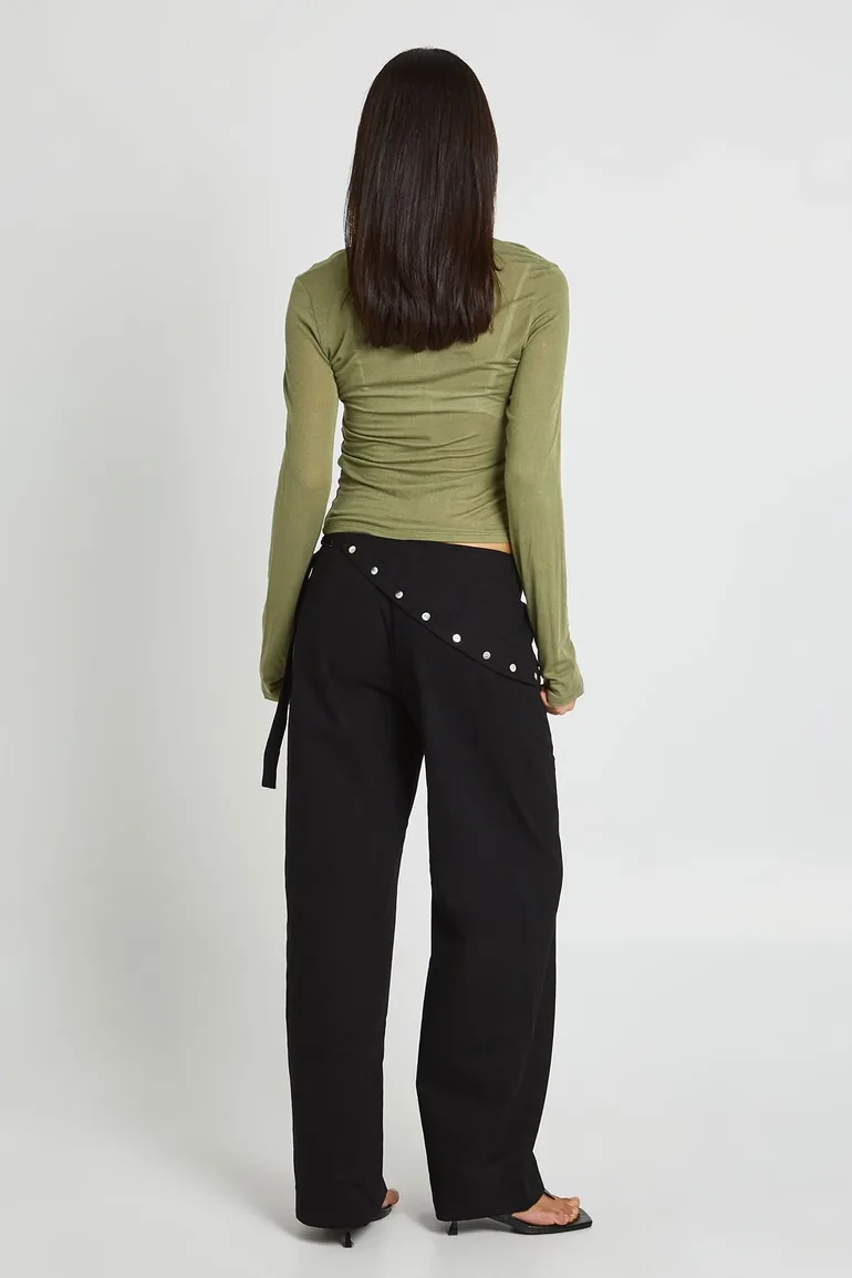 Pearl Button Tie Waist Twill Trousers - black - 2