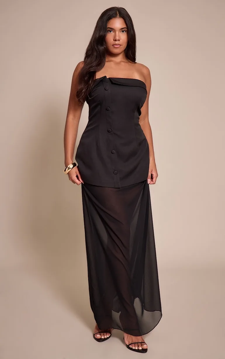 Shape Black Bandeau Sheer Hem Maxi Dress