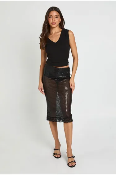 Baby Sequin Lace Hem Midi Skirt - black