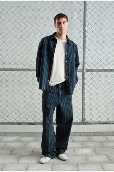 GIESTO Striped Denim Button-Up Shirt with Pocket