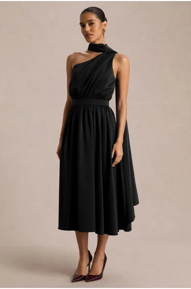 Caluna | Black Satin Asymmetric-Neck Dress With Scarf-Detail