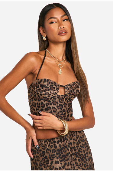 Leopard Print Mesh Ruched Cup Halterneck Corset - leopard product thumbnail 2