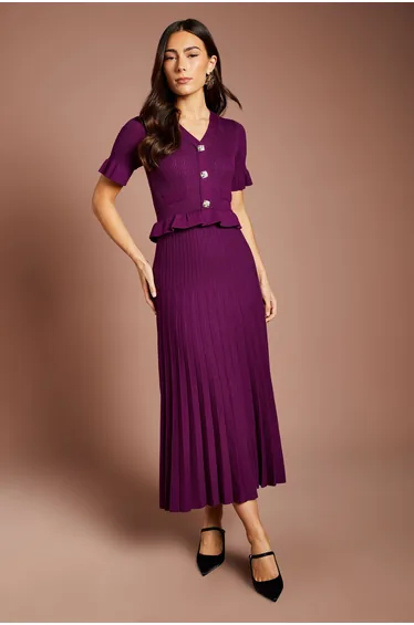 Ruffle Detail Pleated Skirt Knitted Midaxi Dress