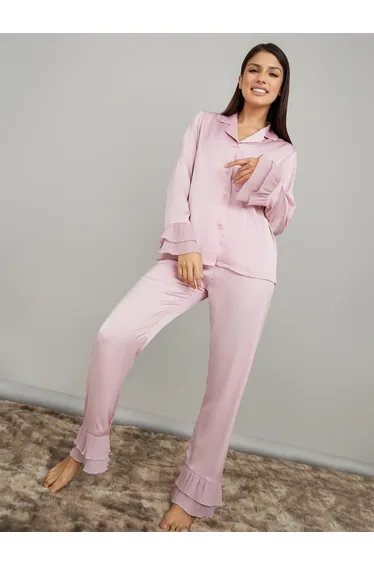 Plisse Cuff Detail Satin Shirt and Pyjama Set