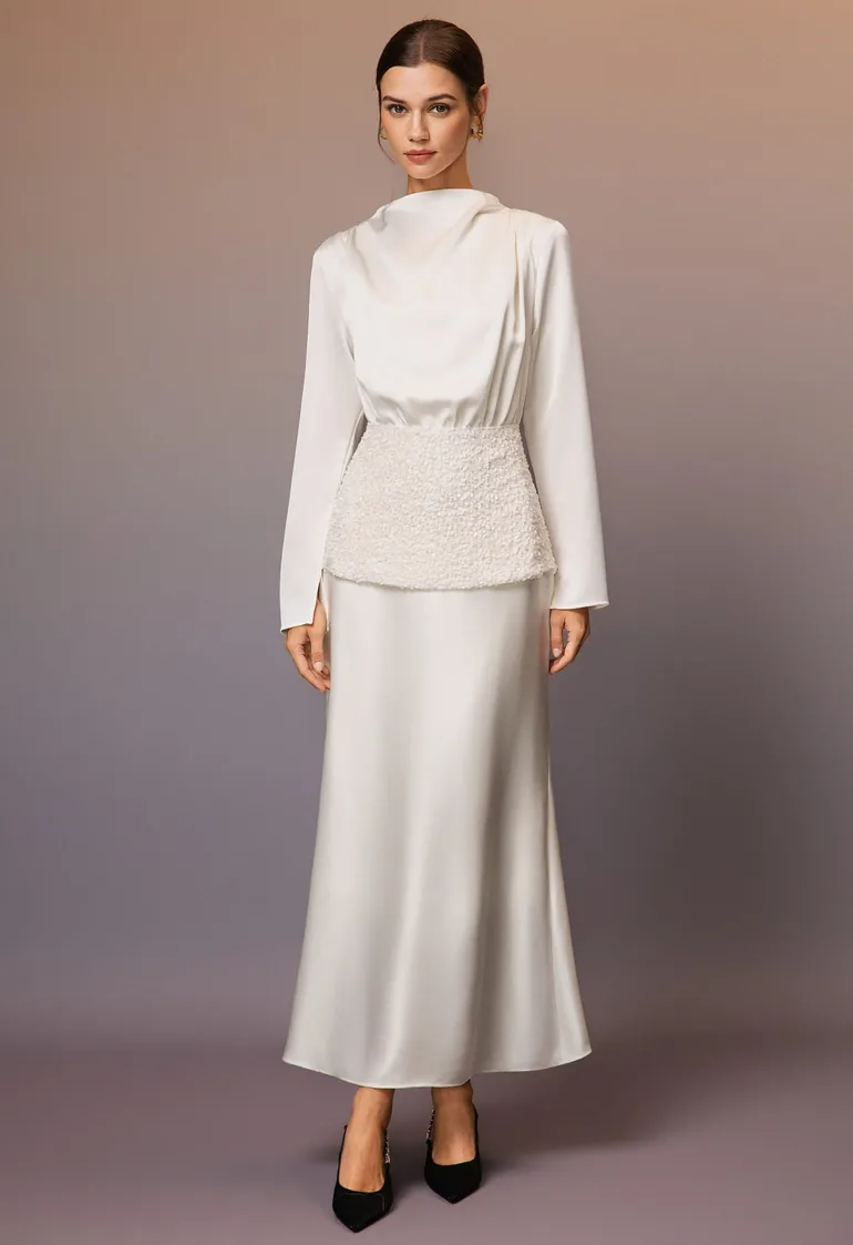 Sequins Waist Overlay Satin Maxi Dress in Ivory for Anniversary Dinner & Birthday Gala - 1