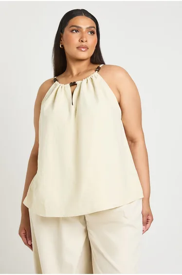 Plus Peached Beaded Halter Neck Floaty Top - stone