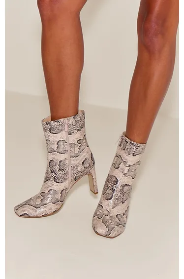 Natural Snake PU Slim Block Heel Ankle Boots