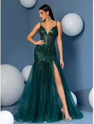 Modecrush Deep V Neck Spaghetti Mermaid Prom Dress