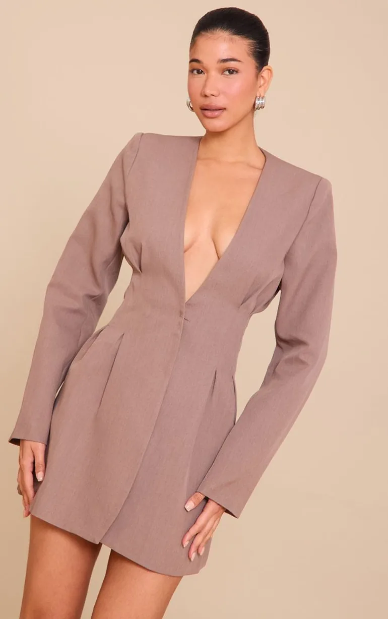 Mushroom Woven Pleated Shift Blazer Dress - 5