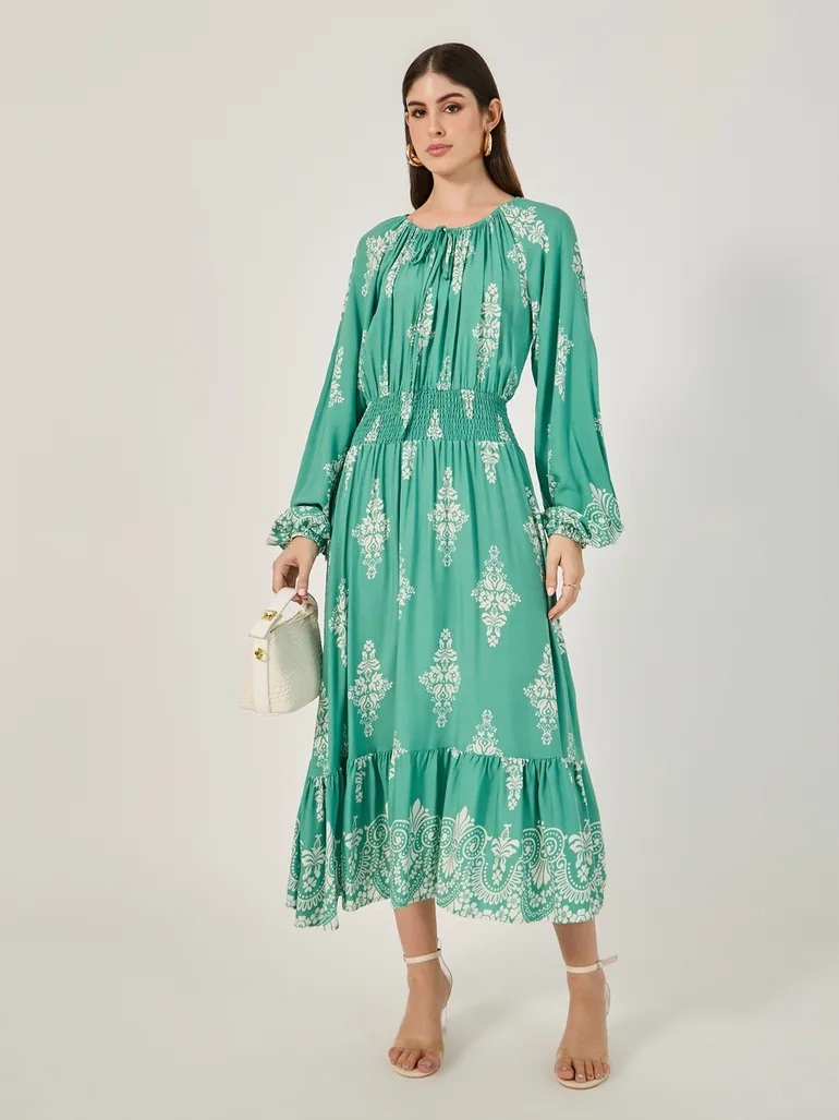 All Over Print Smocked Detail A-Line Midi Dress - 1