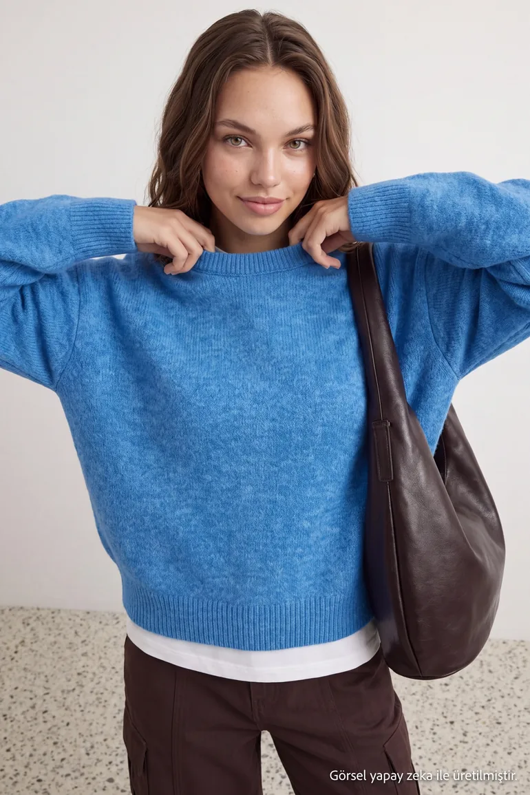 Wardrobe Essentials Blue Alpaca Wool Blended Premium Yarn Wide Fit Knitwear Sweater - 2