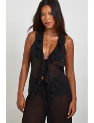 Ruffle Detail Halter Neck Tie Front Beach Top - black