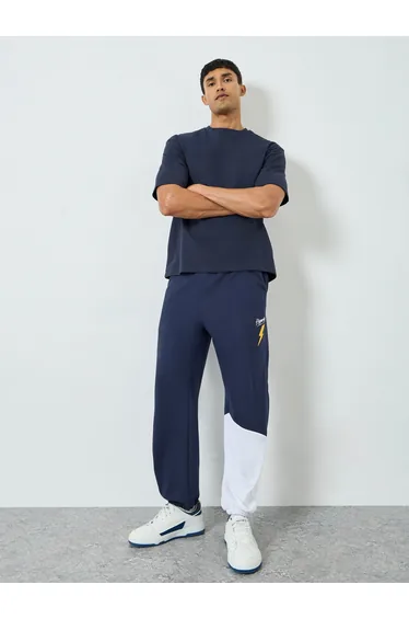 Men Navy Color Block Joggers with Drawstring