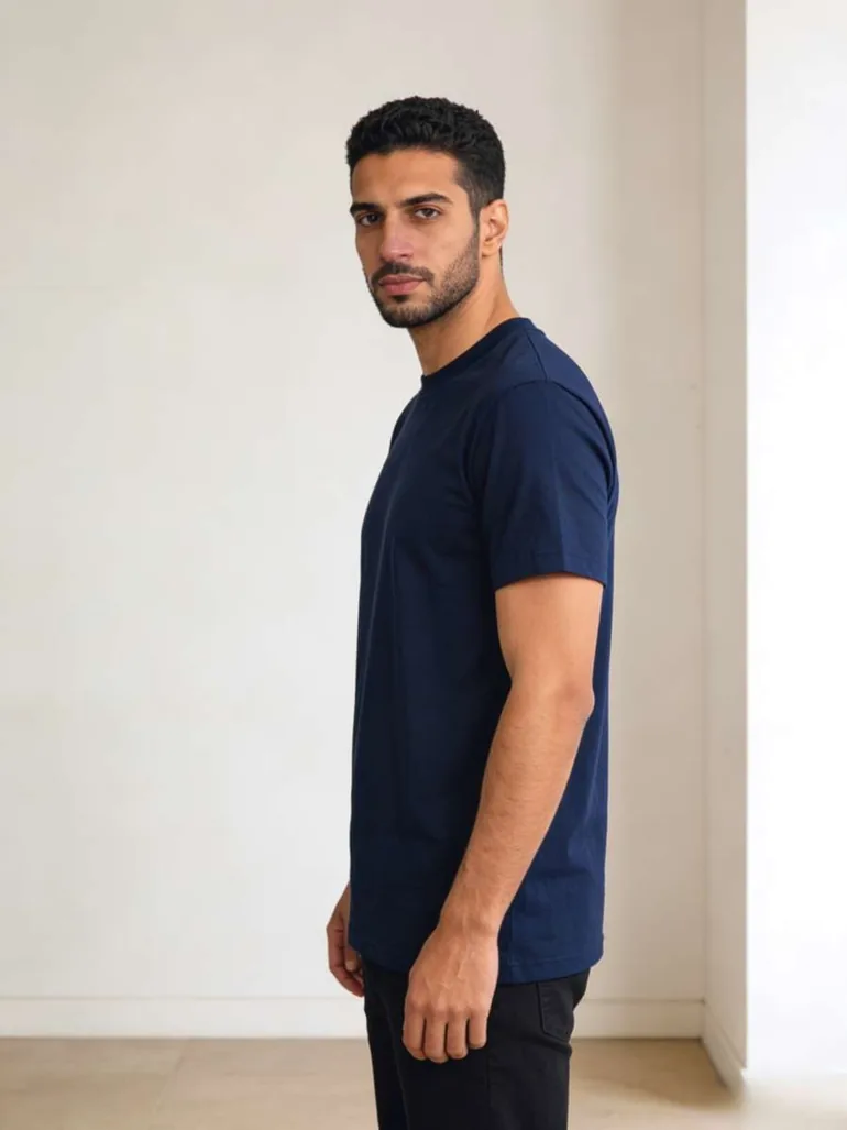 Men Dark Blue Solid Crew Neck T-Shirt - 2
