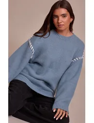 Powder Blue Blanket Stitch Knit Jumper - 3