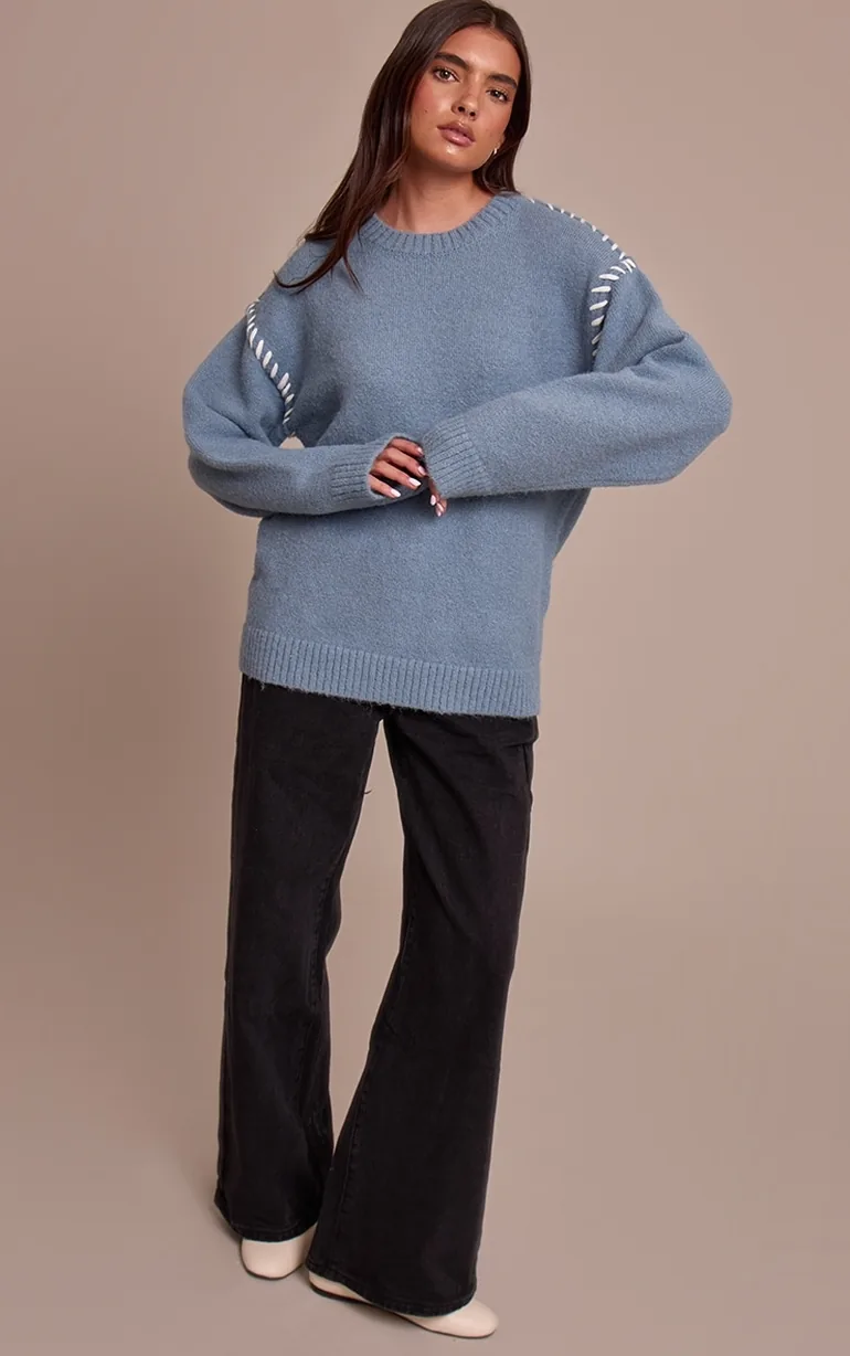 Powder Blue Blanket Stitch Knit Jumper - 2