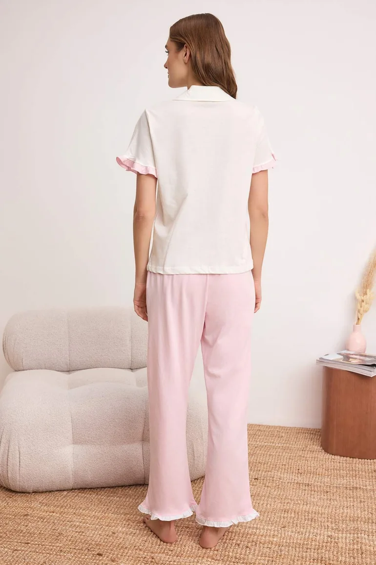 Ecru-Pink %100 Cotton Plain 30/1 Openend Knitted Pajamas Set - 3