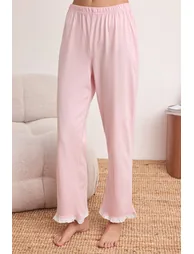 Ecru-Pink %100 Cotton Plain 30/1 Openend Knitted Pajamas Set - 2