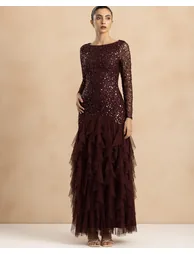 Sila Ruffle Embellished Maxi Dress in Berry