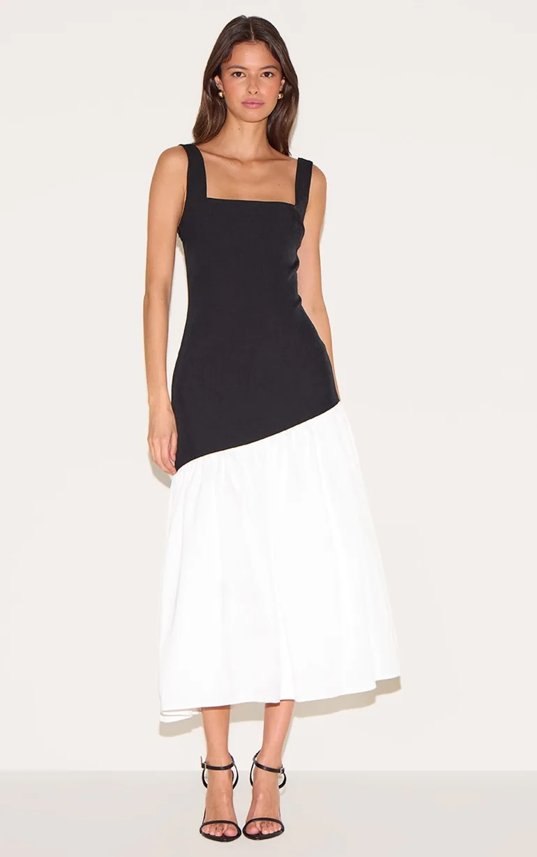 Monochrome Contrast Pleated Hem Square Neck Midaxi Dress