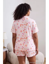 Ecru Heart Patterned Shirt Collar Knitted Large Size Pajama Set - 3