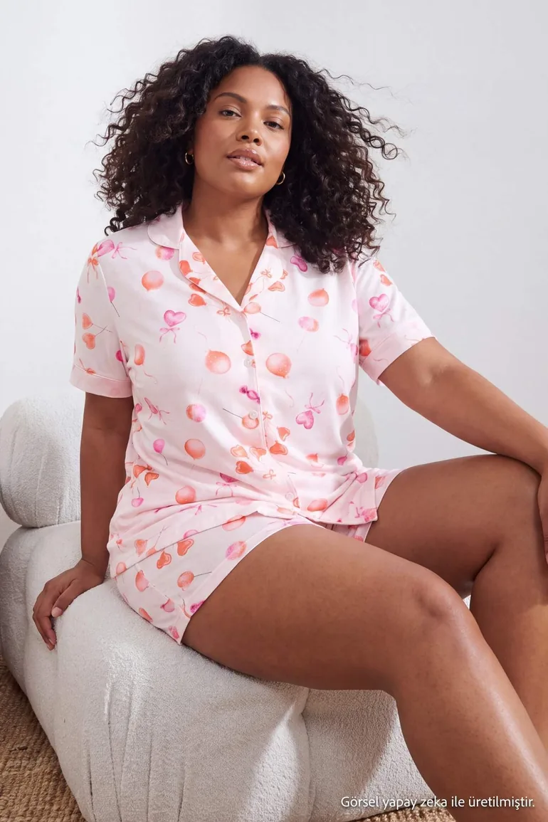 Ecru Heart Patterned Shirt Collar Knitted Large Size Pajama Set - 1