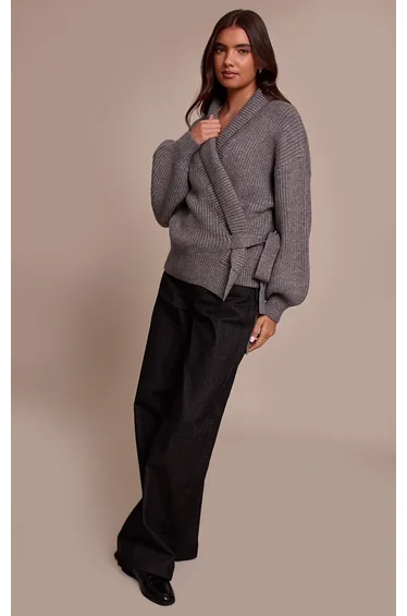 Grey Chunky Knit Rib Wrap Cardigan