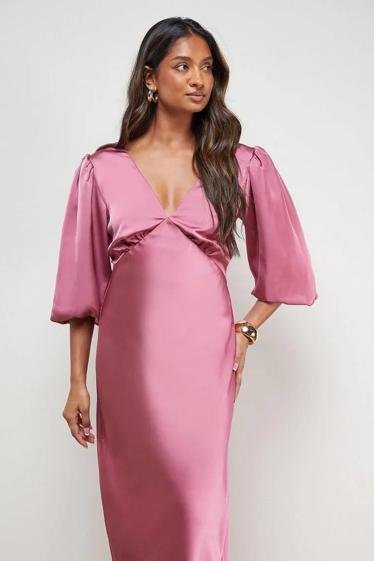 Satin V Neck Balloon Sleeve Bias Midi Dress - 1