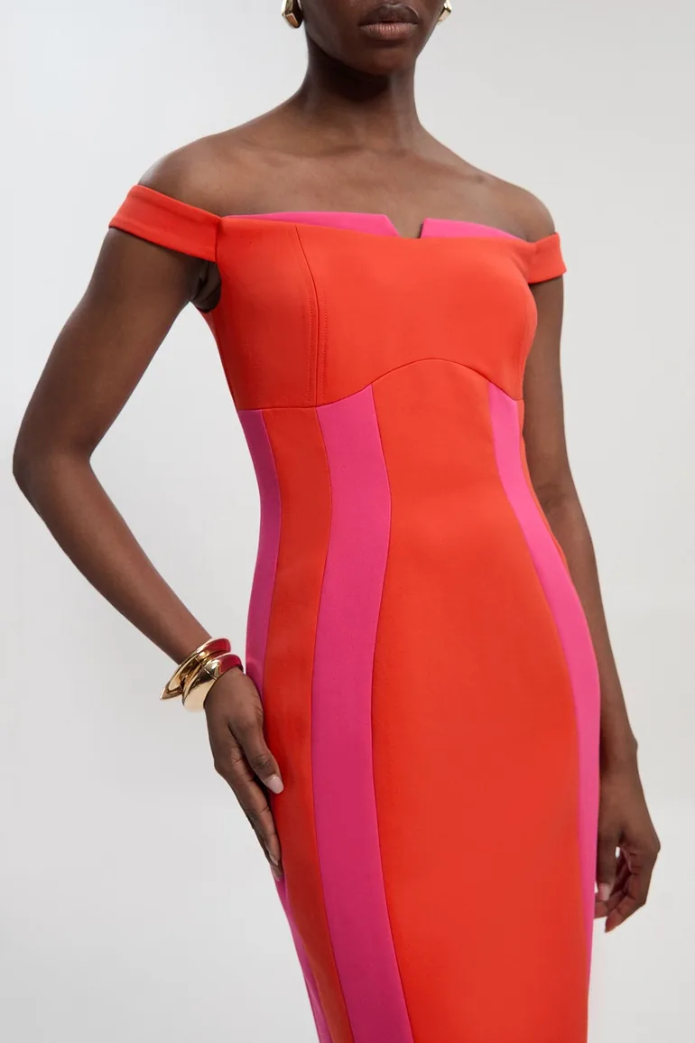 Compact Stretch Colour Block Tailored Bardot Midi Dress - 1