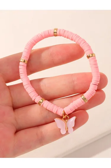 Girls Light Pink Butterfly Charm Beaded Bracelet
