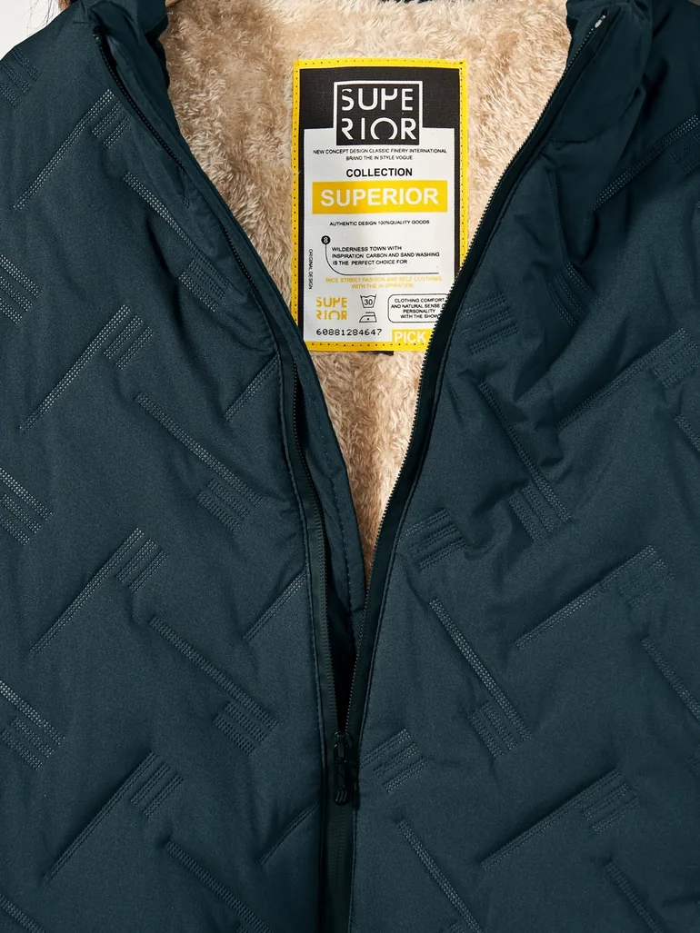 Chevron Quilted Puffer Jacket with Faux Fur Lining and Badge Detail - 5