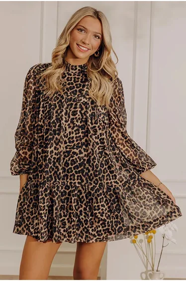 Lvness Brown Leopard Print Long Sleeve Short Shift Dress