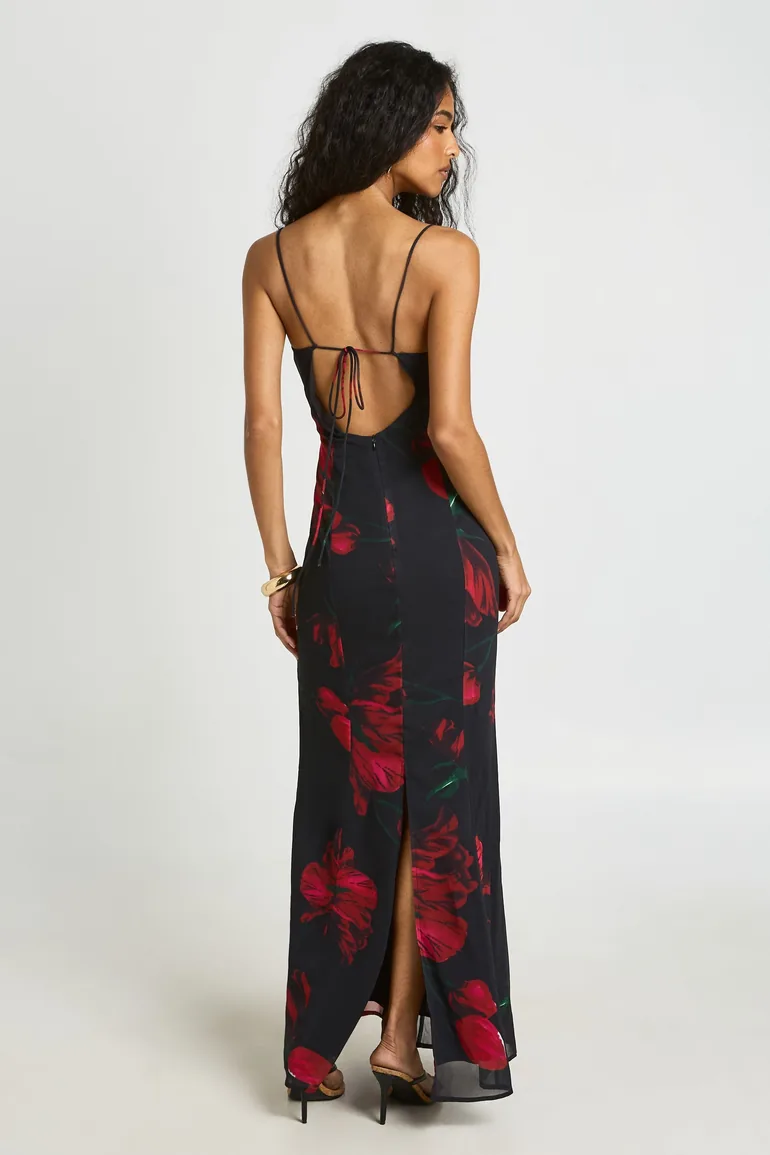 Large Floral Bust Detail Fitted Maxi Dress - black - 1