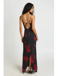 Large Floral Bust Detail Fitted Maxi Dress - black - 1