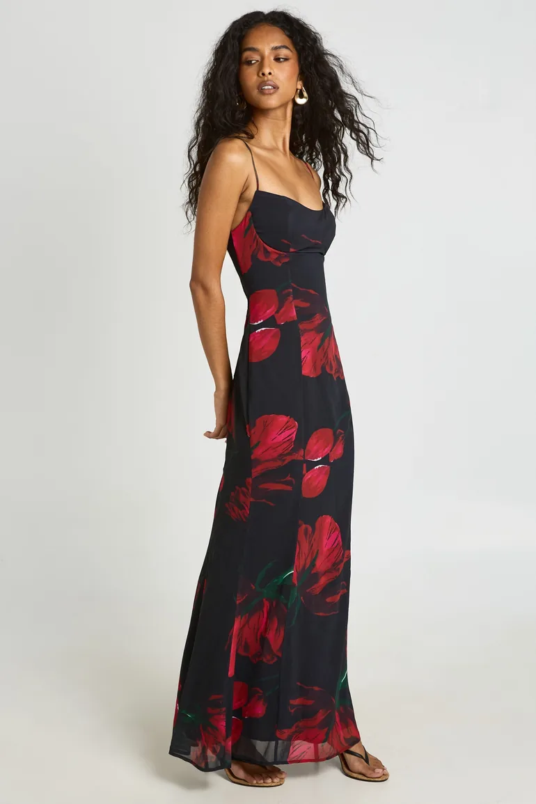 Large Floral Bust Detail Fitted Maxi Dress - black - 2