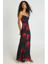 Large Floral Bust Detail Fitted Maxi Dress - black - 2