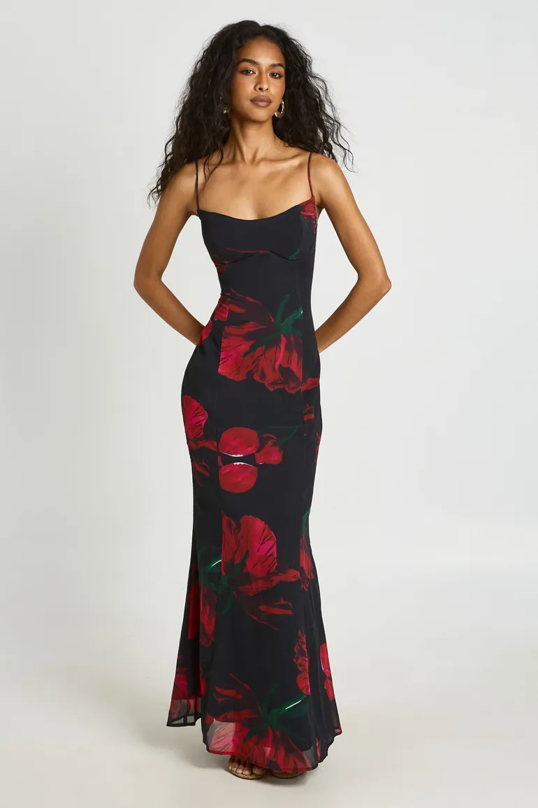Large Floral Bust Detail Fitted Maxi Dress - black