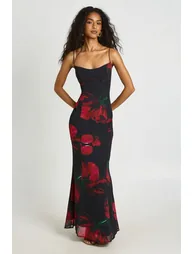 Large Floral Bust Detail Fitted Maxi Dress - black