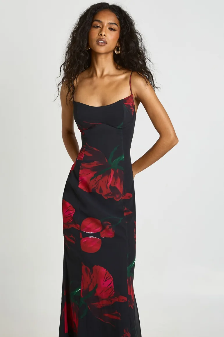 Large Floral Bust Detail Fitted Maxi Dress - black - 3