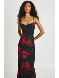 Large Floral Bust Detail Fitted Maxi Dress - black - 3
