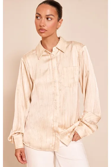 Cream Textured Satin Shoulder Pad Shirt
