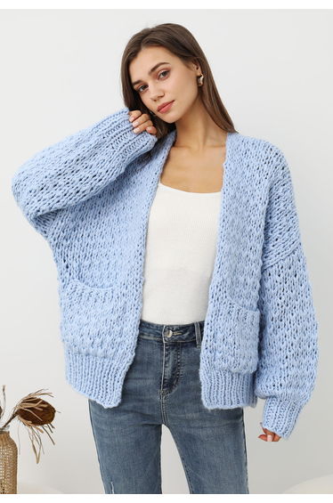 Chunky Hand Knit Patch Pocket Open Front Cardigan in Baby Blue product thumbnail 3