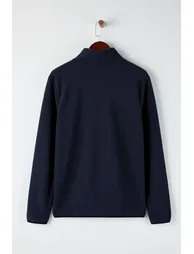 Navy Blue Regular Cut Stand Collar Zippered Stitch Detailed Polar Fleece Sweatshirt - 3