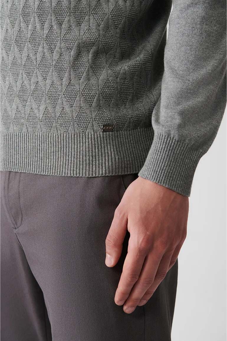 Men's Gray Turtleneck Cotton Patterned Knitwear Sweater - 4