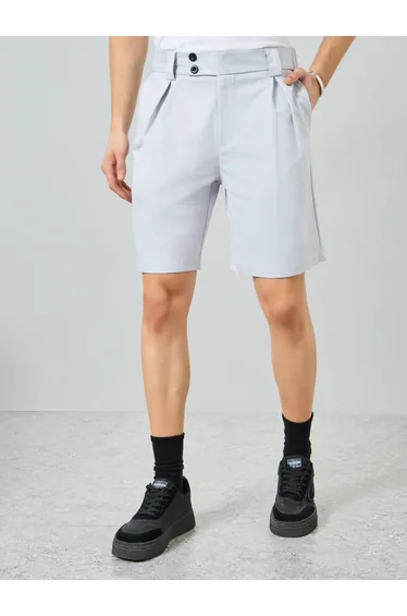Men Grey Pleated Button Detail Shorts