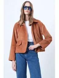 Women's Tan Double Pocket Wide Cuff Velvet Jacket - 2