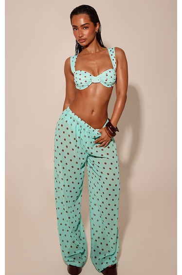 Mint Polka Dot Print Chiffon Wide Leg Beach Trousers