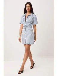 Premium Light Blue Special Fabric Midi Denim Dress