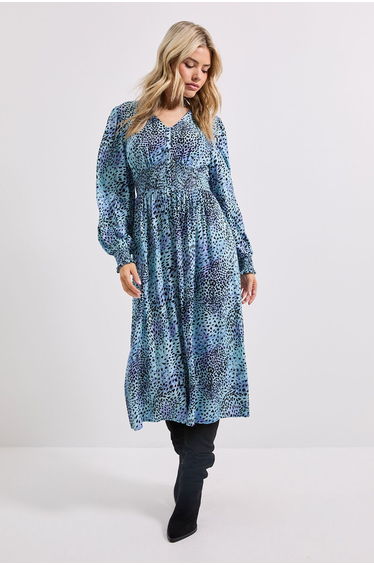 V Neck Button Front Detail Printed Midi Dress